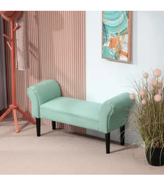 Banco Pie de Cama Tapizado en Lona con Patas de Madera Reposabrazos y Asiento Acolchado Verde Claro