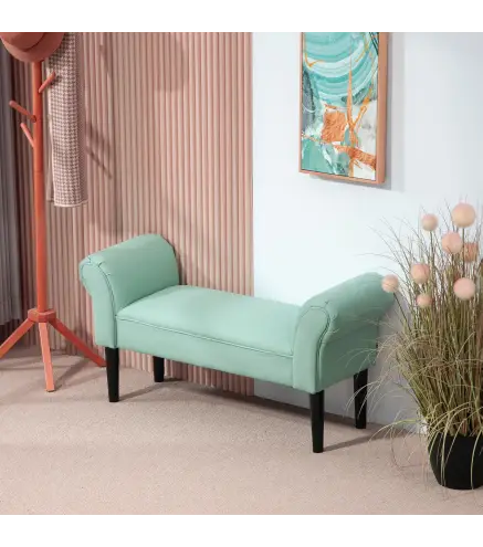 Banco Pie de Cama Tapizado en Lona con Patas de Madera Reposabrazos y Asiento Acolchado Verde Claro