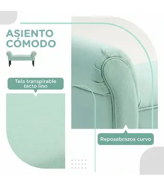 Banco Pie de Cama Tapizado en Lona con Patas de Madera Reposabrazos y Asiento Acolchado Verde Claro