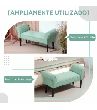 Banco Pie de Cama Tapizado en Lona con Patas de Madera Reposabrazos y Asiento Acolchado Verde Claro