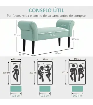 Banco Pie de Cama Tapizado en Lona con Patas de Madera Reposabrazos y Asiento Acolchado Verde Claro