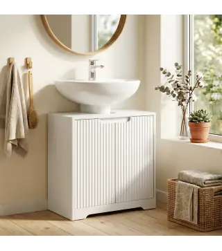 Mueble Bajo Lavabo con Puertas de Cierre Suave y Diseño Acanalado 2 Estantes para Lavabo con o sin Pedestal Blanco