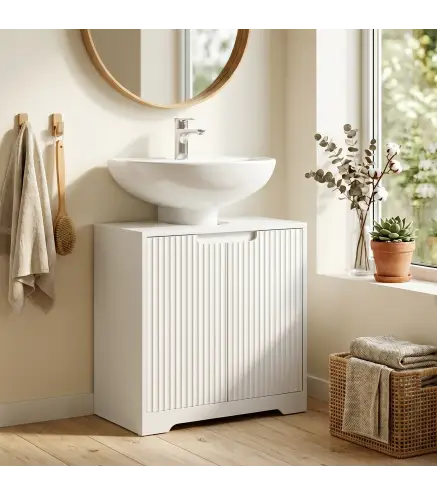 Mueble Bajo Lavabo con Puertas de Cierre Suave y Diseño Acanalado 2 Estantes para Lavabo con o sin Pedestal Blanco