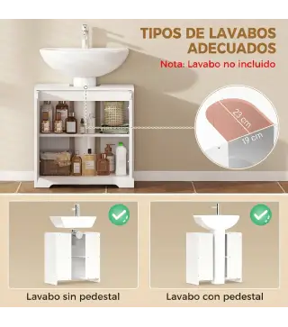 Mueble Bajo Lavabo con Puertas de Cierre Suave y Diseño Acanalado 2 Estantes para Lavabo con o sin Pedestal Blanco