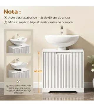 Mueble Bajo Lavabo con Puertas de Cierre Suave y Diseño Acanalado 2 Estantes para Lavabo con o sin Pedestal Blanco