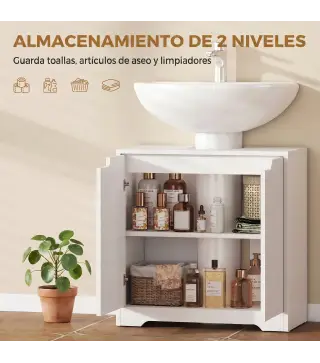 Mueble Bajo Lavabo con Puertas de Cierre Suave y Diseño Acanalado 2 Estantes para Lavabo con o sin Pedestal Blanco