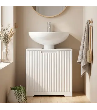Mueble Bajo Lavabo con Puertas de Cierre Suave y Diseño Acanalado 2 Estantes para Lavabo con o sin Pedestal Blanco