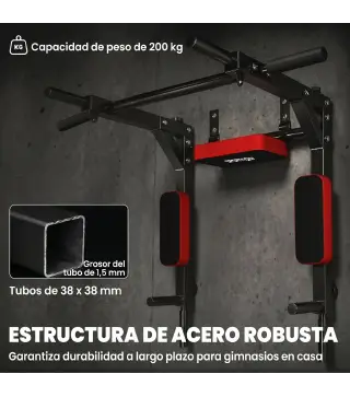 Barra de Dominadas de Pared 2 en 1 Estación Multifuncional para Gimnasio en Casa Carga 200 kg Rojo