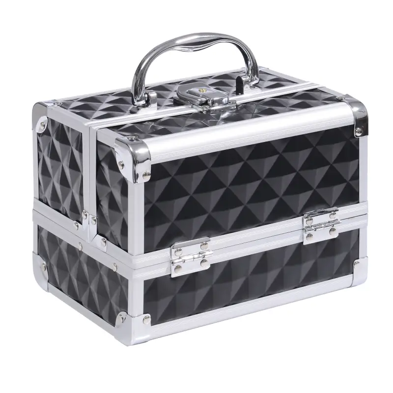 Maletín de Maquillaje Con Espejo Cerradura Varios Compartimientos 20x15x15cm Aluminio Negro Maletín de Maquillaje Con Espejo Cerradura Varios Compartimientos 20x15x15cm Aluminio Negro