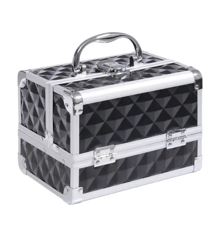 Maletín de Maquillaje Con Espejo Cerradura Varios Compartimientos 20x15x15cm Aluminio Negro