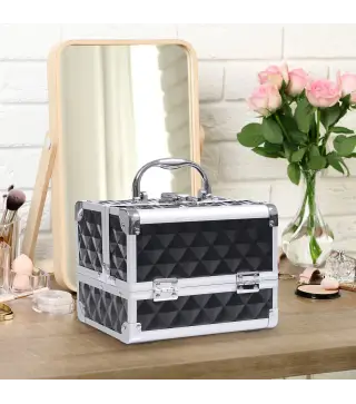 Maletín de Maquillaje Con Espejo Cerradura Varios Compartimientos 20x15x15cm Aluminio Negro