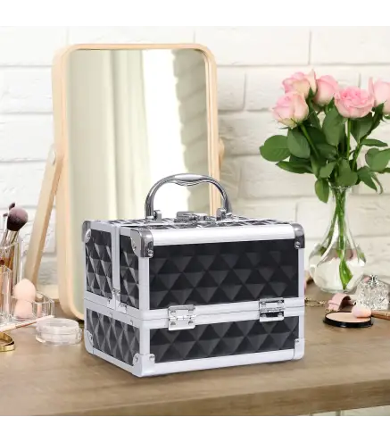 Maletín de Maquillaje Con Espejo Cerradura Varios Compartimientos 20x15x15cm Aluminio Negro