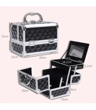 Maletín de Maquillaje Con Espejo Cerradura Varios Compartimientos 20x15x15cm Aluminio Negro