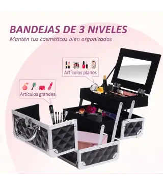 Maletín de Maquillaje Con Espejo Cerradura Varios Compartimientos 20x15x15cm Aluminio Negro