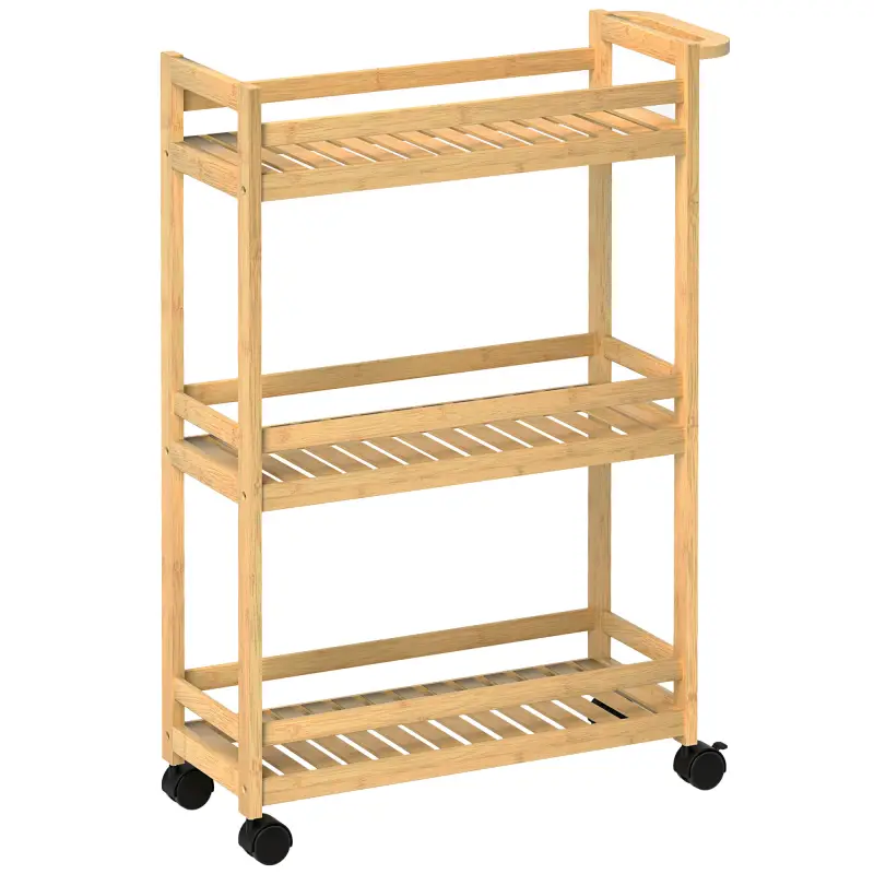 Carrito de Cocina Estrecho de 3 Niveles con Ruedas Asa para Salón Baño Espacios Pequeños 55x20x75 cm Natural
