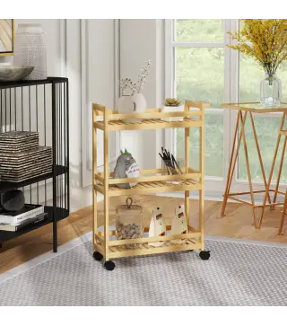 Carrito de Cocina Estrecho de 3 Niveles con Ruedas Asa para Salón Baño Espacios Pequeños 55x20x75 cm Natural