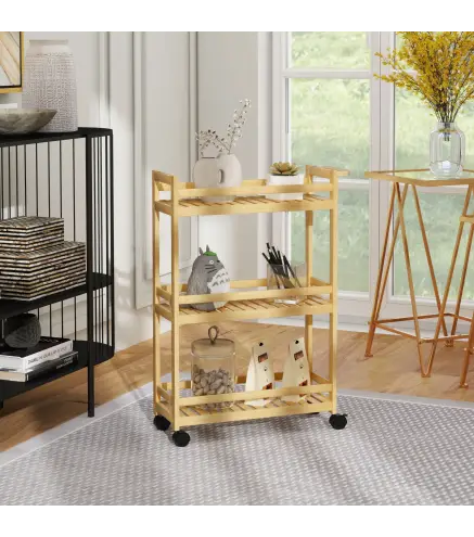 Carrito de Cocina Estrecho de 3 Niveles con Ruedas Asa para Salón Baño Espacios Pequeños 55x20x75 cm Natural