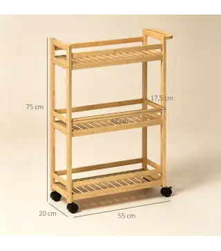 Carrito de Cocina Estrecho de 3 Niveles con Ruedas Asa para Salón Baño Espacios Pequeños 55x20x75 cm Natural