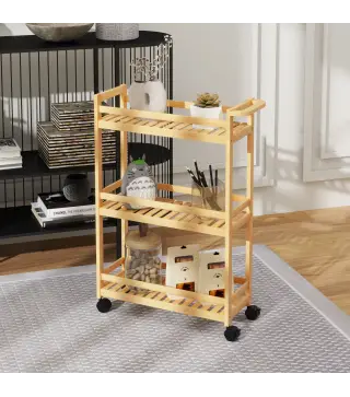 Carrito de Cocina Estrecho de 3 Niveles con Ruedas Asa para Salón Baño Espacios Pequeños 55x20x75 cm Natural