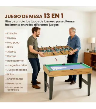 Mesa Multijuegos 13 en 1 con Futbolines para Niños Billar Ping-pong Hockey Ajedrez Damas Backgammon y Accesorios