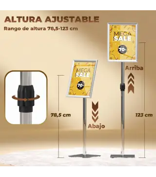 Soporte para Carteles A3 Altura Ajustable Giratorio 360° Marco de Aluminio y Acero Inoxidable Plata
