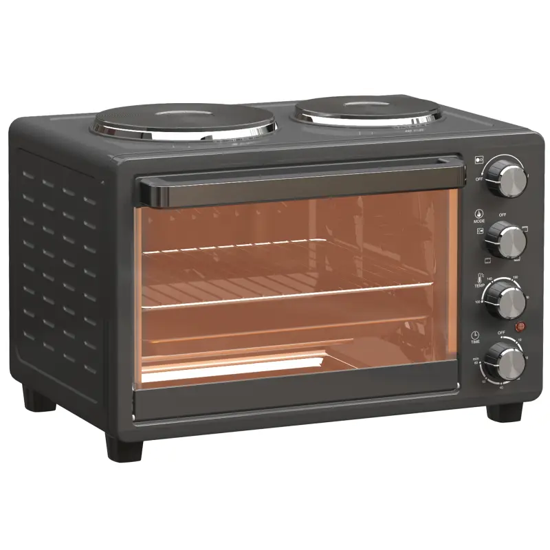 Horno Eléctrico de Sobremesa 28L 2600W con Placas Calentadoras Temperatura Ajustable Temporizador Bandeja Negro Horno Eléctrico de Sobremesa 28L 2600W con Placas Calentadoras Temperatura Ajustable Temporizador Bandeja Negro
