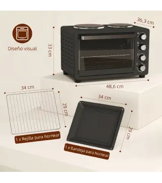Horno Eléctrico de Sobremesa 28L 2600W con Placas Calentadoras Temperatura Ajustable Temporizador Bandeja Negro