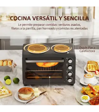 Horno Eléctrico de Sobremesa 28L 2600W con Placas Calentadoras Temperatura Ajustable Temporizador Bandeja Negro