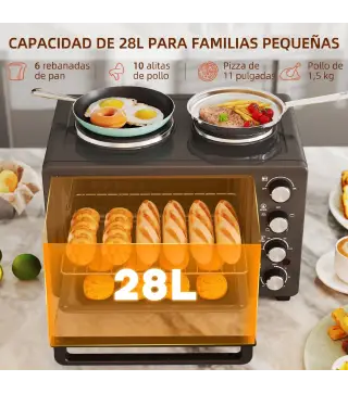 Horno Eléctrico de Sobremesa 28L 2600W con Placas Calentadoras Temperatura Ajustable Temporizador Bandeja Negro