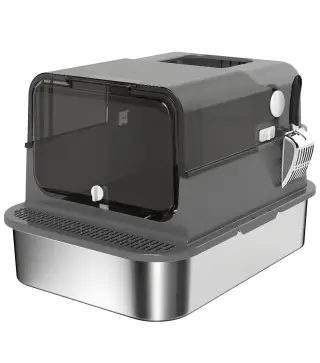 Arenero para Gatos de Acero Inoxidable XXL con Tapa Abatible Laterales Altos Entrada Superior Pala Negro