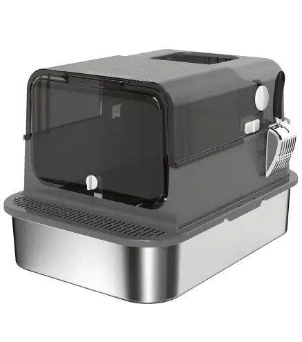 Arenero para Gatos de Acero Inoxidable XXL con Tapa Abatible Laterales Altos Entrada Superior Pala Negro