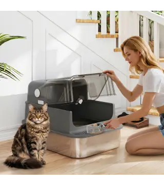 Arenero para Gatos de Acero Inoxidable XXL con Tapa Abatible Laterales Altos Entrada Superior Pala Negro