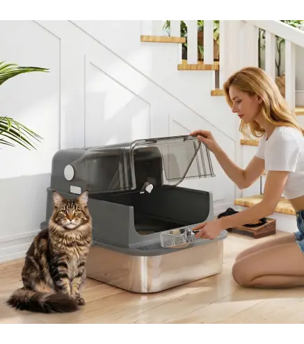 Arenero para Gatos de Acero Inoxidable XXL con Tapa Abatible Laterales Altos Entrada Superior Pala Negro