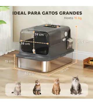 Arenero para Gatos de Acero Inoxidable XXL con Tapa Abatible Laterales Altos Entrada Superior Pala Negro