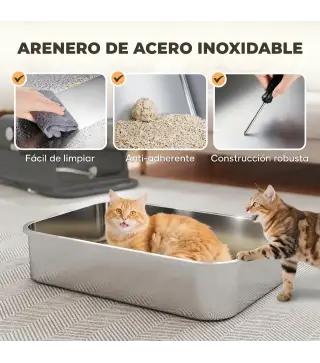 Arenero para Gatos de Acero Inoxidable XXL con Tapa Abatible Laterales Altos Entrada Superior Pala Negro