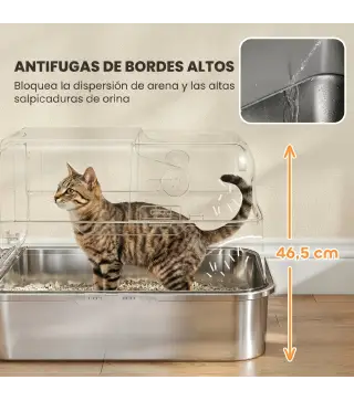 Arenero para Gatos de Acero Inoxidable XXL con Tapa Abatible Laterales Altos Entrada Superior Pala Negro