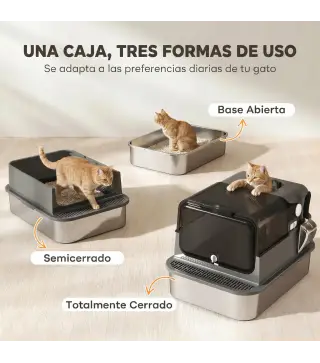 Arenero para Gatos de Acero Inoxidable XXL con Tapa Abatible Laterales Altos Entrada Superior Pala Negro