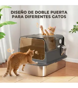 Arenero para Gatos de Acero Inoxidable XXL con Tapa Abatible Laterales Altos Entrada Superior Pala Negro