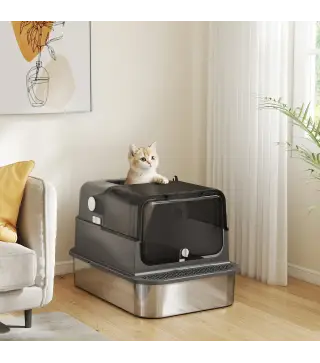 Arenero para Gatos de Acero Inoxidable XXL con Tapa Abatible Laterales Altos Entrada Superior Pala Negro
