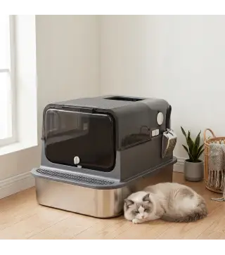 Arenero para Gatos de Acero Inoxidable XXL con Tapa Abatible Laterales Altos Entrada Superior Pala Negro