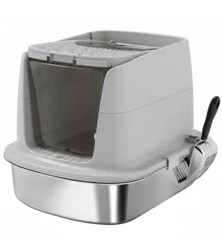 Arenero para Gatos de Acero Inoxidable L con Tapa Abatible Pala Metálica Bolsa Desodorizante Fácil Limpiar Gris Claro