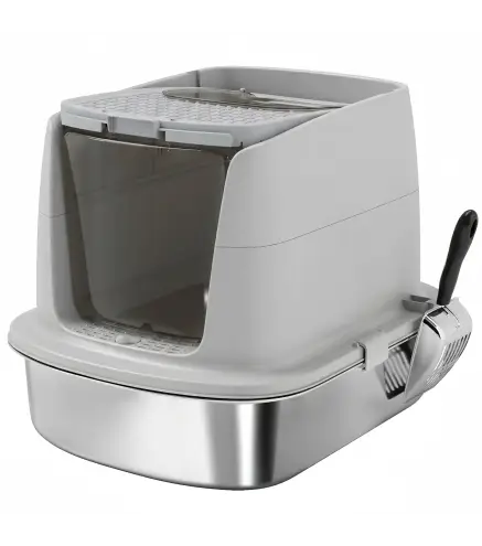 Arenero para Gatos de Acero Inoxidable L con Tapa Abatible Pala Metálica Bolsa Desodorizante Fácil Limpiar Gris Claro