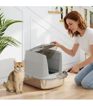 Arenero para Gatos de Acero Inoxidable L con Tapa Abatible Pala Metálica Bolsa Desodorizante Fácil Limpiar Gris Claro