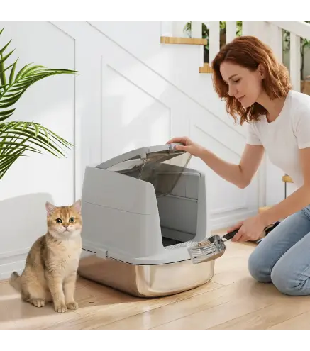 Arenero para Gatos de Acero Inoxidable L con Tapa Abatible Pala Metálica Bolsa Desodorizante Fácil Limpiar Gris Claro