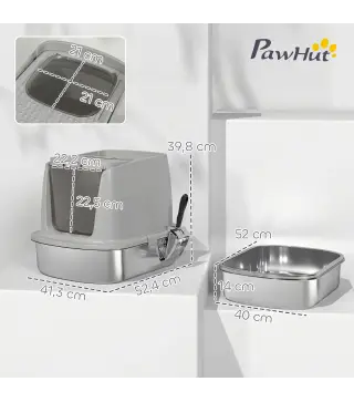 Arenero para Gatos de Acero Inoxidable L con Tapa Abatible Pala Metálica Bolsa Desodorizante Fácil Limpiar Gris Claro