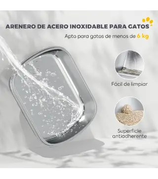 Arenero para Gatos de Acero Inoxidable L con Tapa Abatible Pala Metálica Bolsa Desodorizante Fácil Limpiar Gris Claro