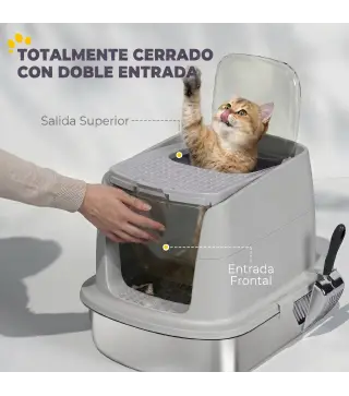 Arenero para Gatos de Acero Inoxidable L con Tapa Abatible Pala Metálica Bolsa Desodorizante Fácil Limpiar Gris Claro