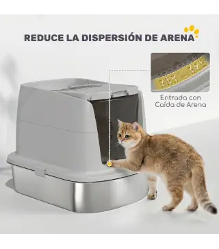Arenero para Gatos de Acero Inoxidable L con Tapa Abatible Pala Metálica Bolsa Desodorizante Fácil Limpiar Gris Claro