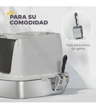 Arenero para Gatos de Acero Inoxidable L con Tapa Abatible Pala Metálica Bolsa Desodorizante Fácil Limpiar Gris Claro