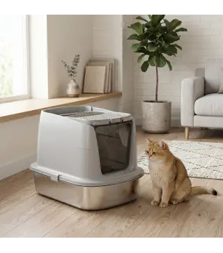 Arenero para Gatos de Acero Inoxidable L con Tapa Abatible Pala Metálica Bolsa Desodorizante Fácil Limpiar Gris Claro